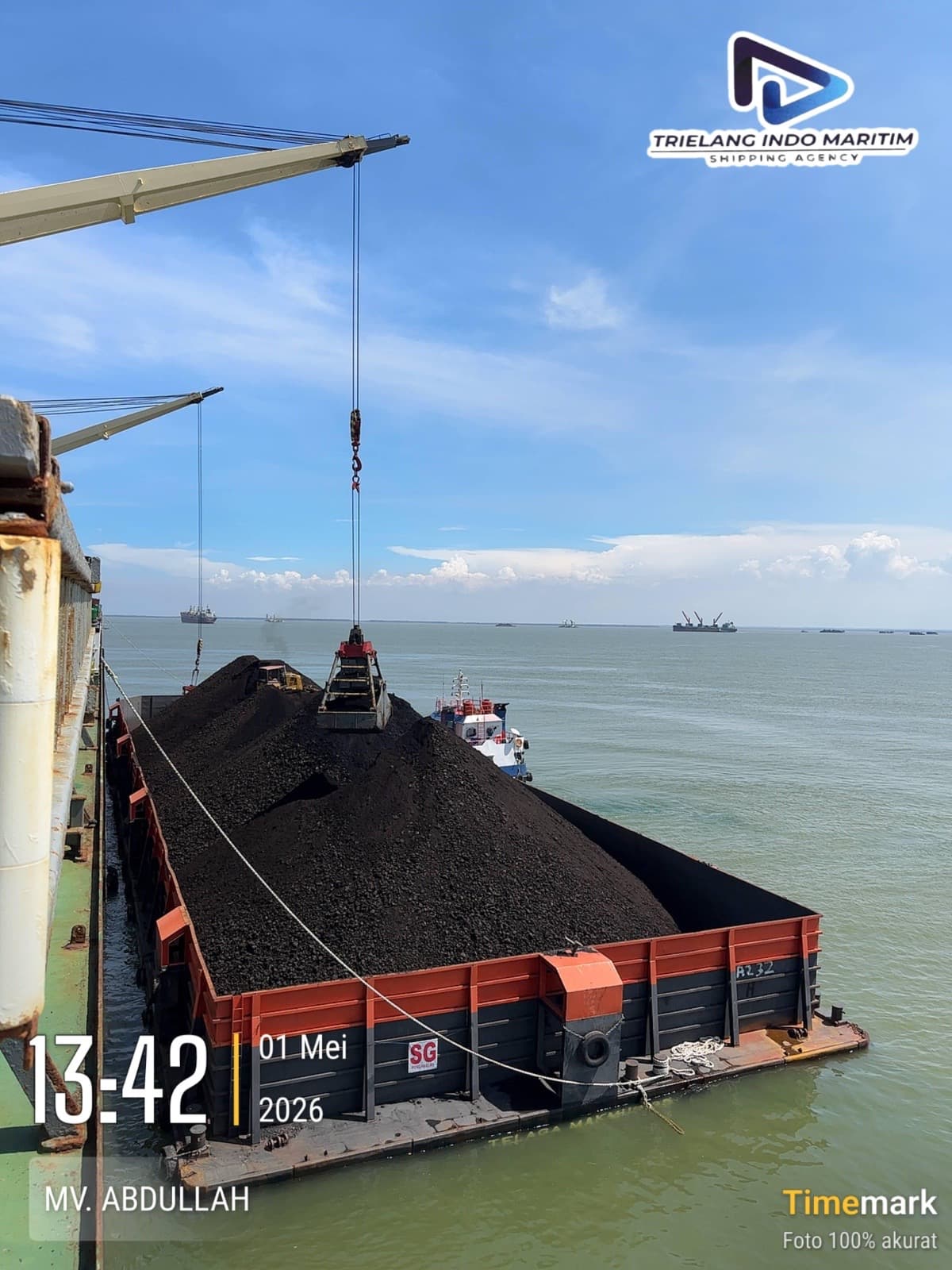 Thermal coal being transferred by grab crane from a loaded barge alongside the vessel at anchorage.
